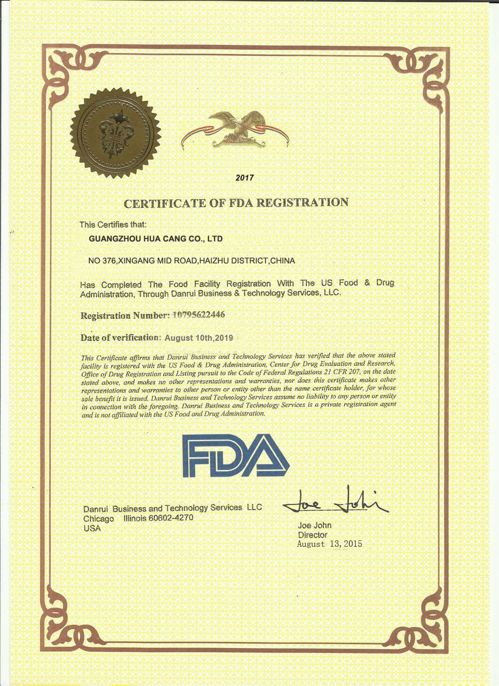 FDA-Related Compliance File certification for HUACANG Packaging