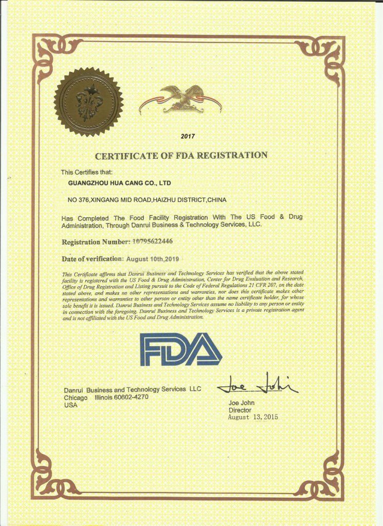 HUACANG food quality certificate FDA certificate